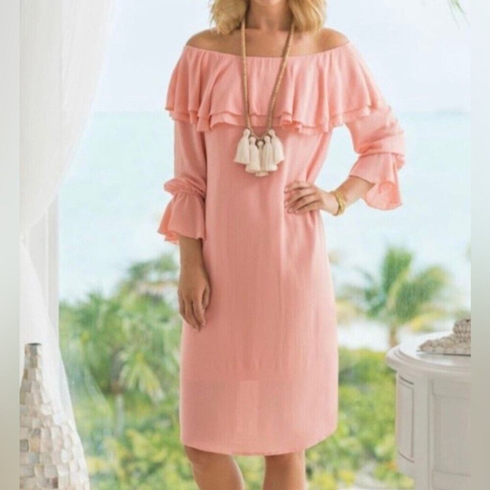Soft Surroundings Gauze Off Shoulder Dress Bossa Nova Pink Easter Plus‎ size
